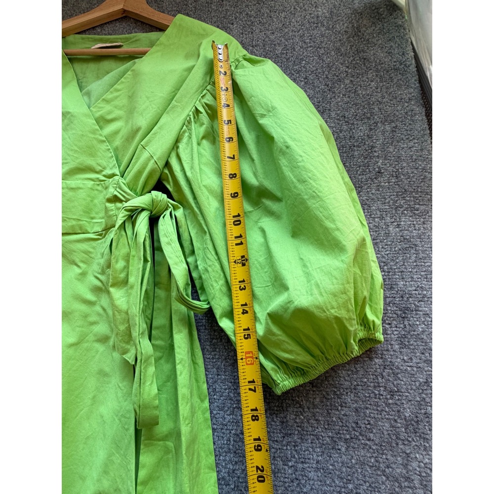 Showpo Lime Green Puff Sleeve Wrap Mini Dress Size 12 V-Neck Cotton Blend - Picture 4 of 7